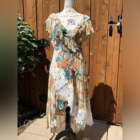 Anthropologie Dresses & Skirts - Anthropologie V-neck Ruffle Lace Dress Ivory Combo Floral Hi-Low Maxi Size 6 NWT
